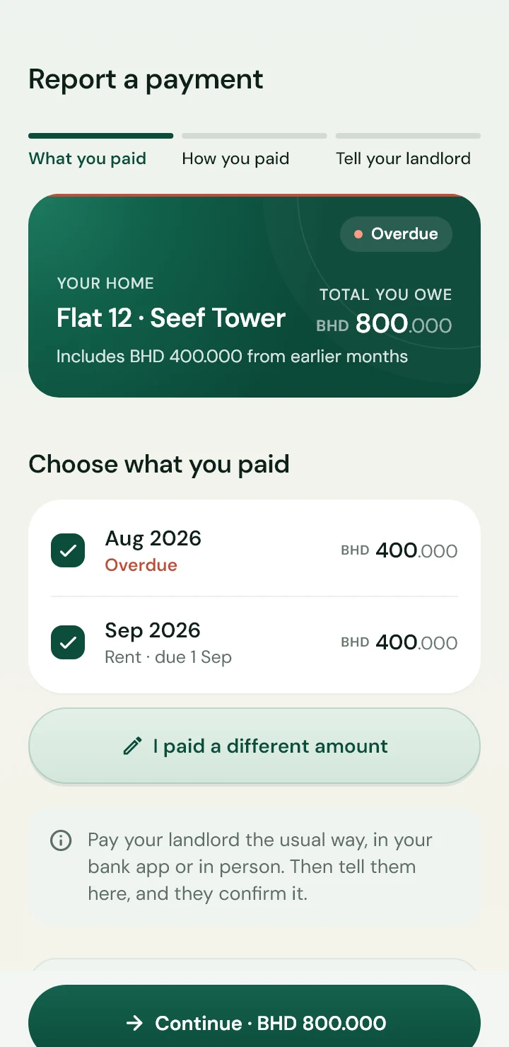 The Report a payment screen in Saqf, where a tenant picks the months they paid